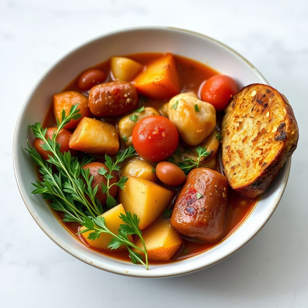 Kylling- og pølsestuing med ovnsbakte poteter