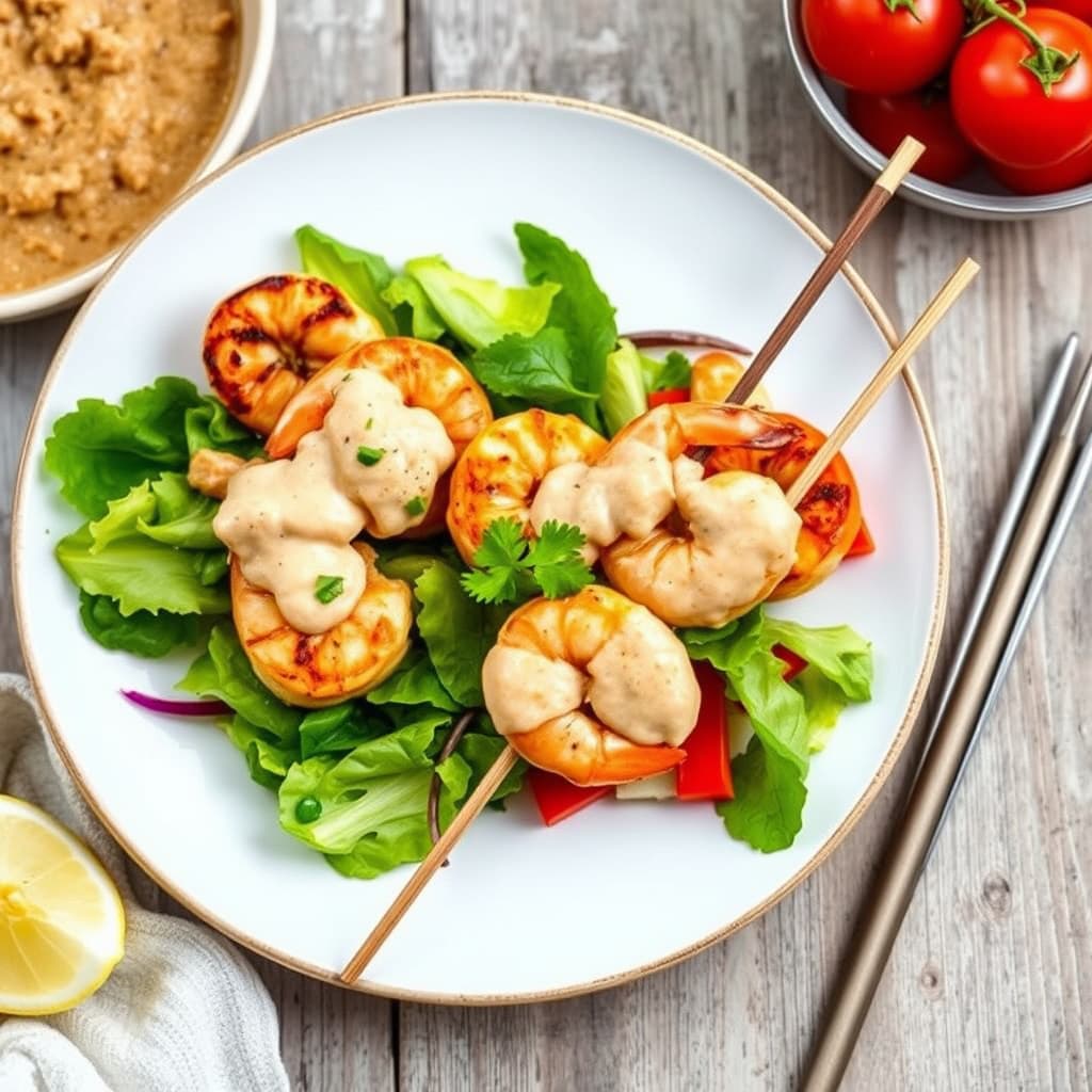 Kylling- og rekesatay med kokos- og peanøttsaus, servert med frisk grønnsakssalat