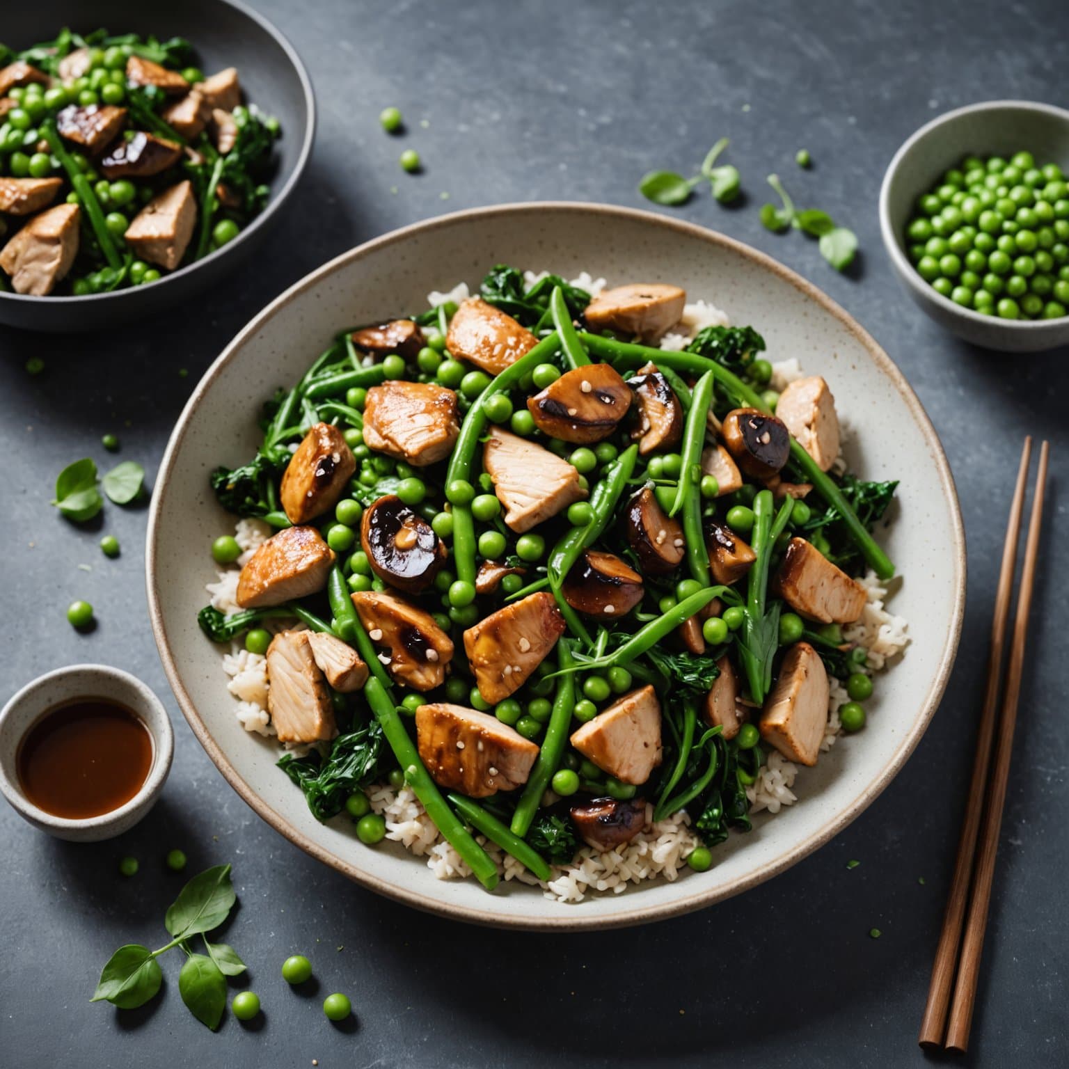 Kylling- og shiitakewok med erter og ertebånd