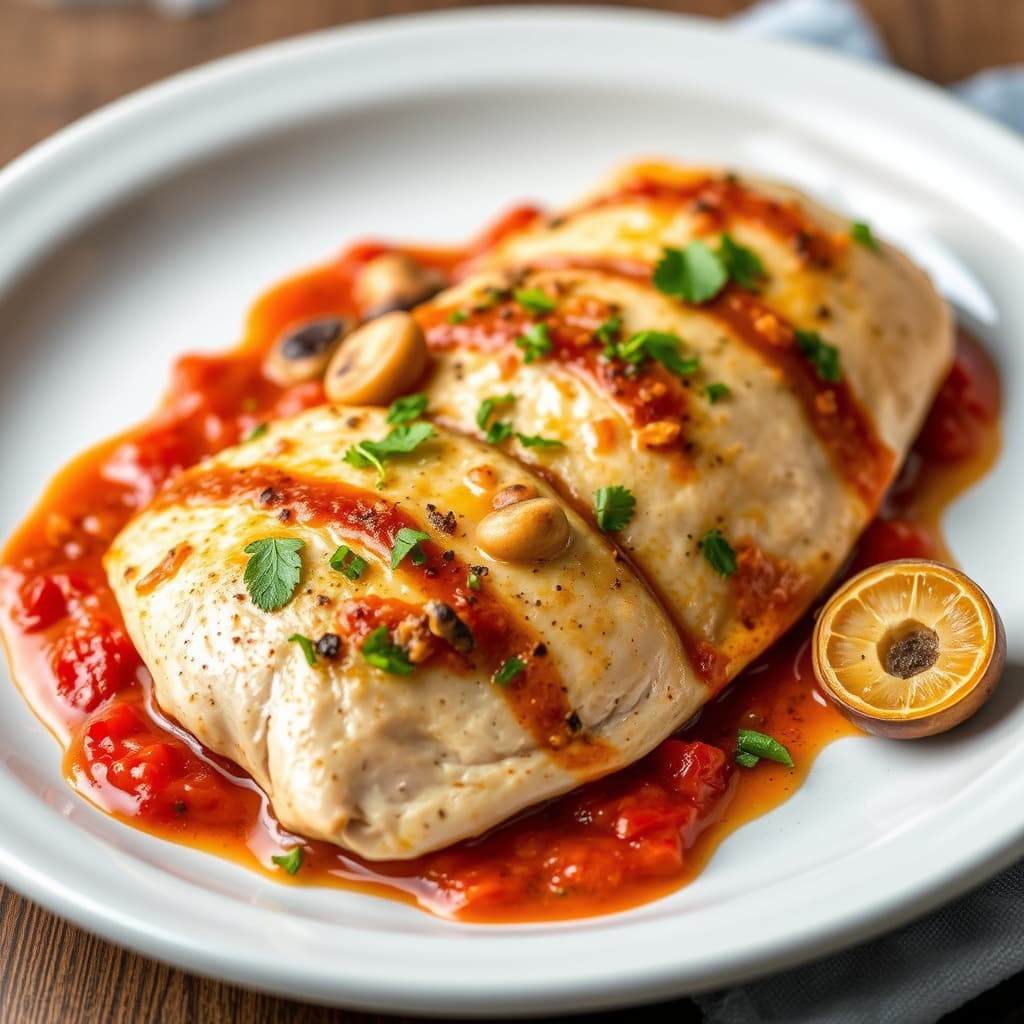 Kylling Paillard med landskinke og shiitakesopp, servert med rød peppersaus