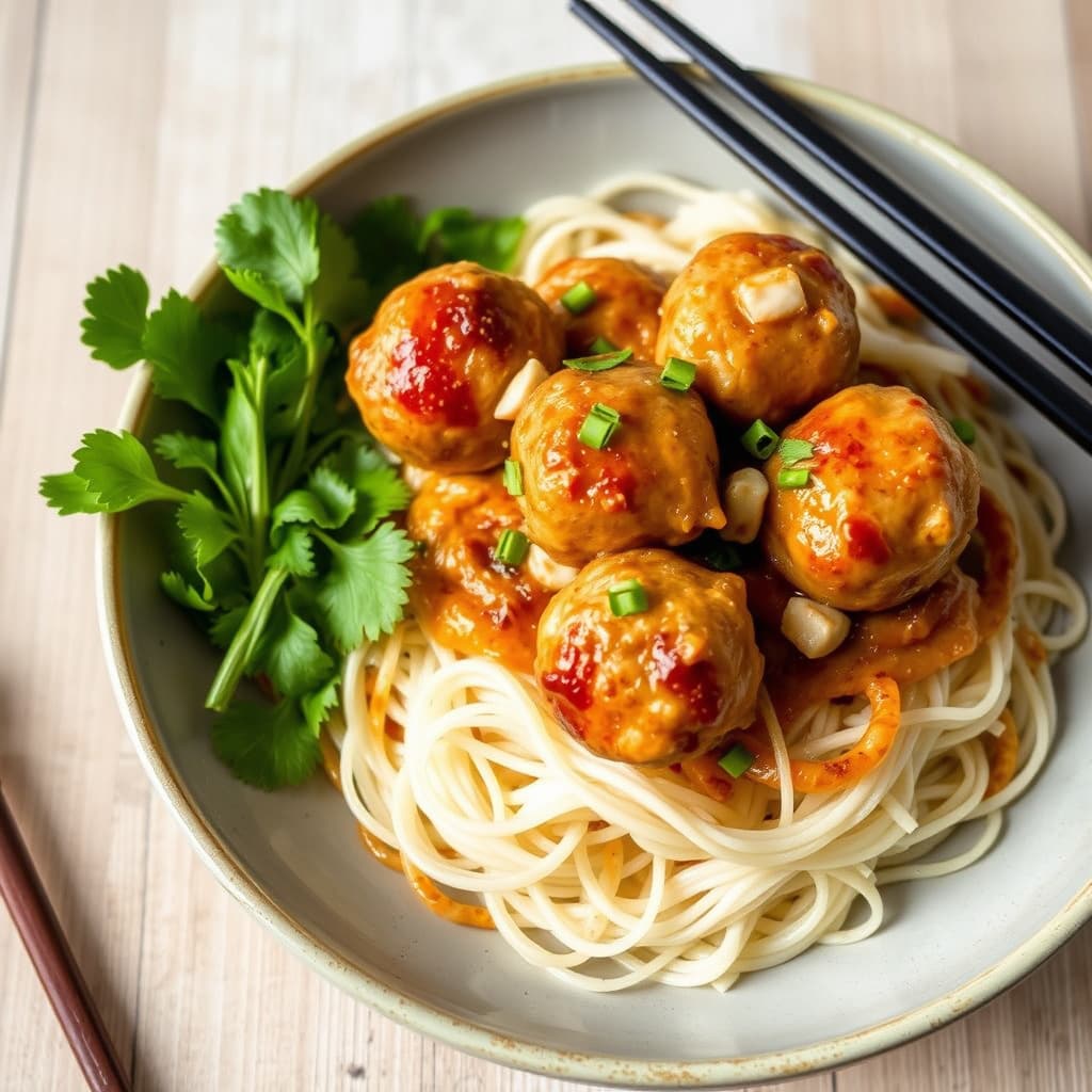 Kyllingboller med sitrongress på risnudler