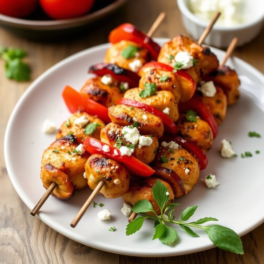 Kyllingbrochetter med røde paprikaer og fetaost