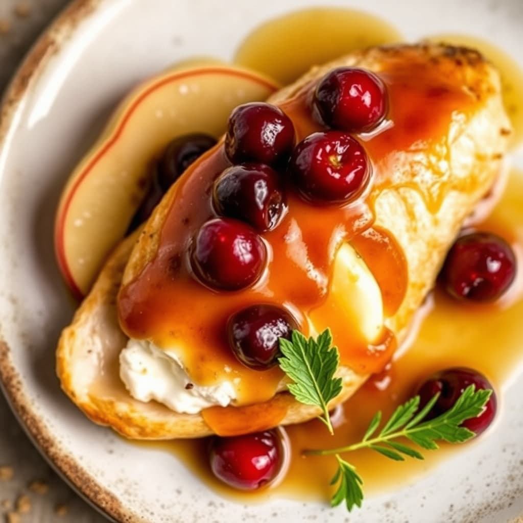 Kyllingbryst fylt med karamelliserte epler, fontinaost og Bing-kirsebær