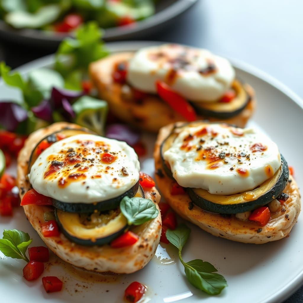 Kyllingbryst fylt med squash, ovnsbakt rød paprika og geitost