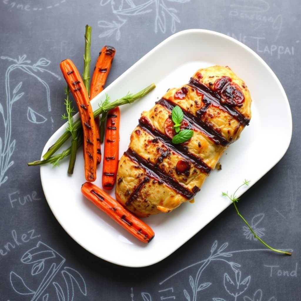 Kyllingbryst grillet over ved, servert med Marsalasaus og grillede gulrøtter