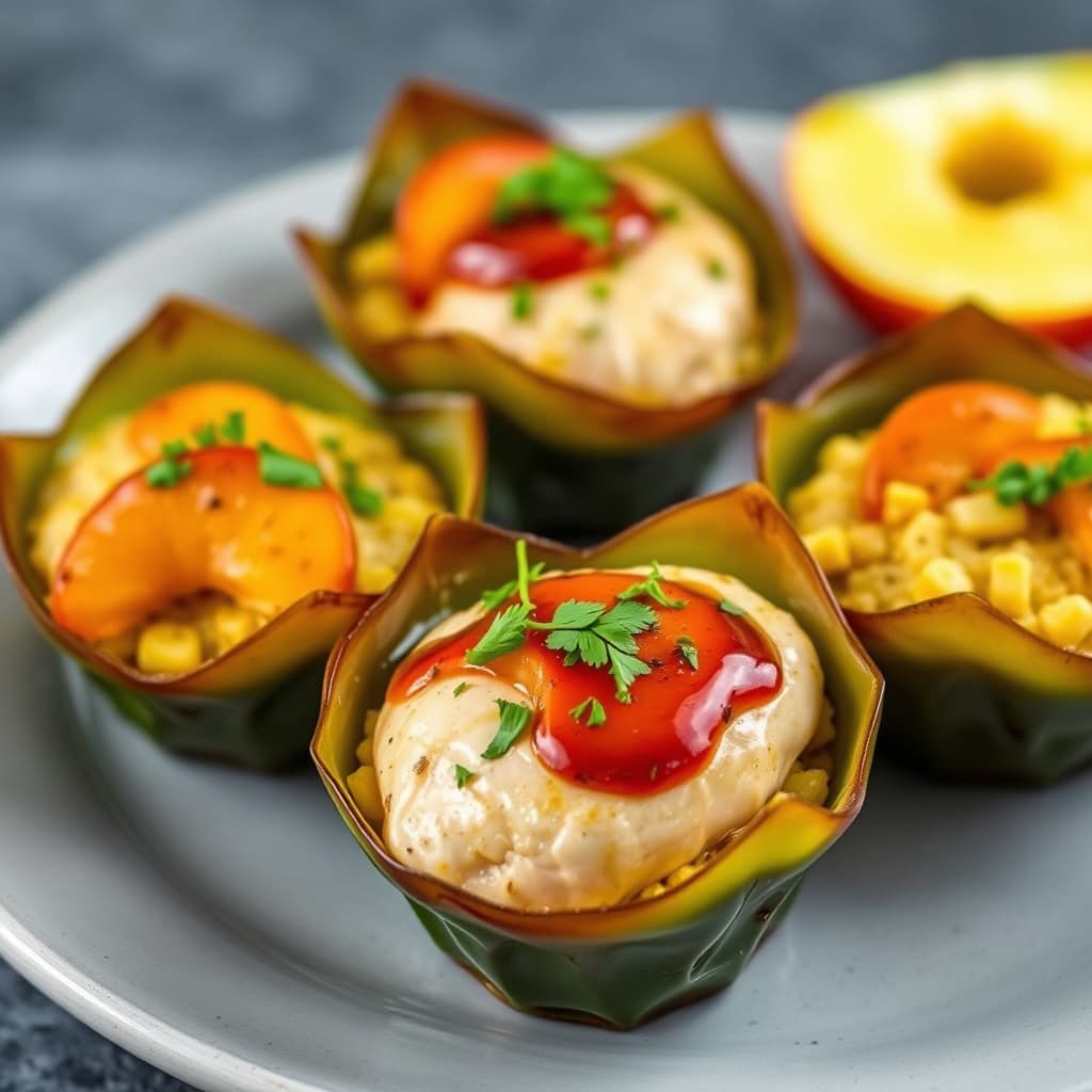 Kyllingbryst med glasert fersken og fennikel, samt maismuffins i poblano-krukker