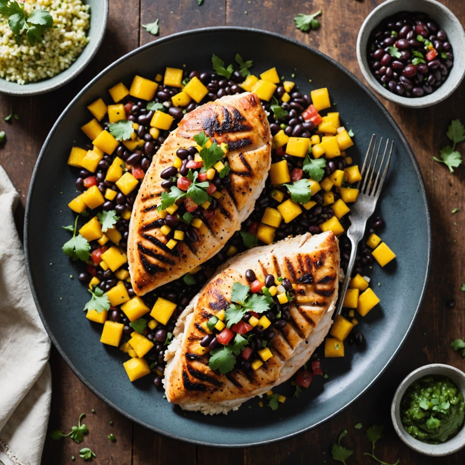 Kyllingbryst med mais- og koriandertrekk og svartbønne- og mangosalsa