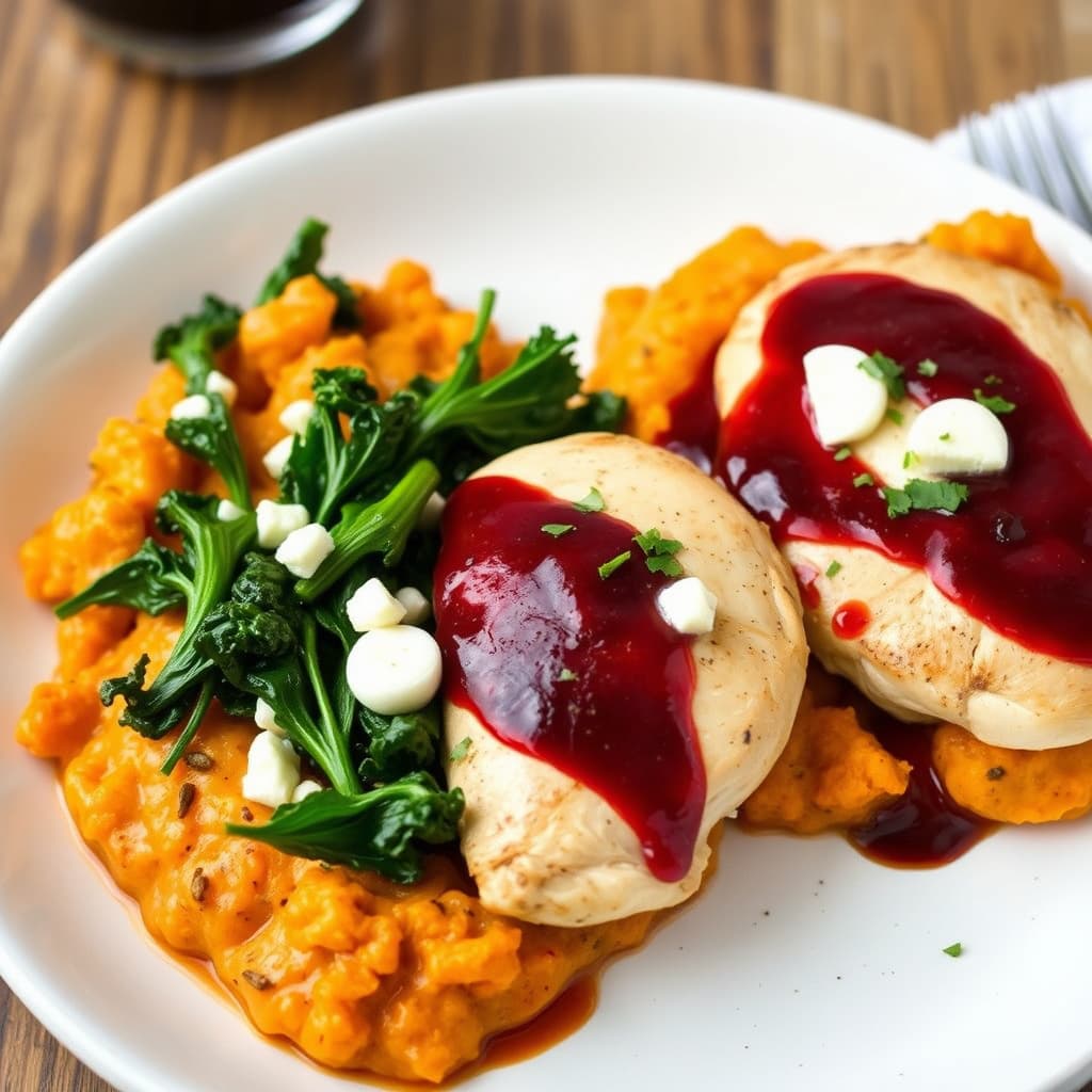 Kyllingbryst med søtpotetmos, sautert grønnkål og en rødvinsfeta-sausreduksjon