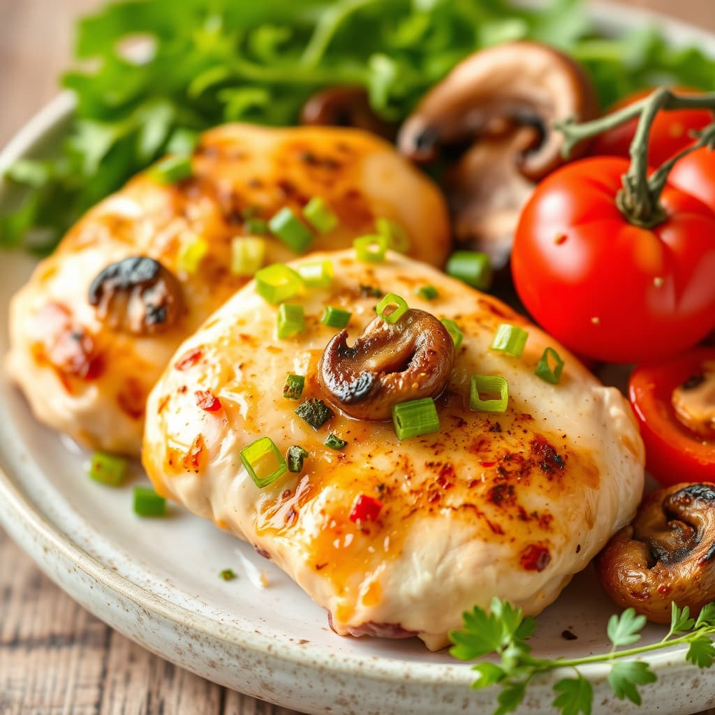 Kyllingbryst med vårløk, shiitakesopp og tomater