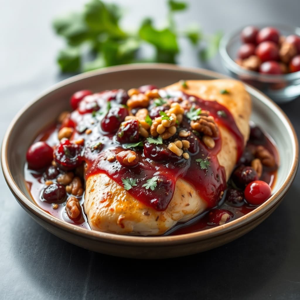 Kyllingbryst uten ben i tranebær-, valnøtt- og pipiansaus