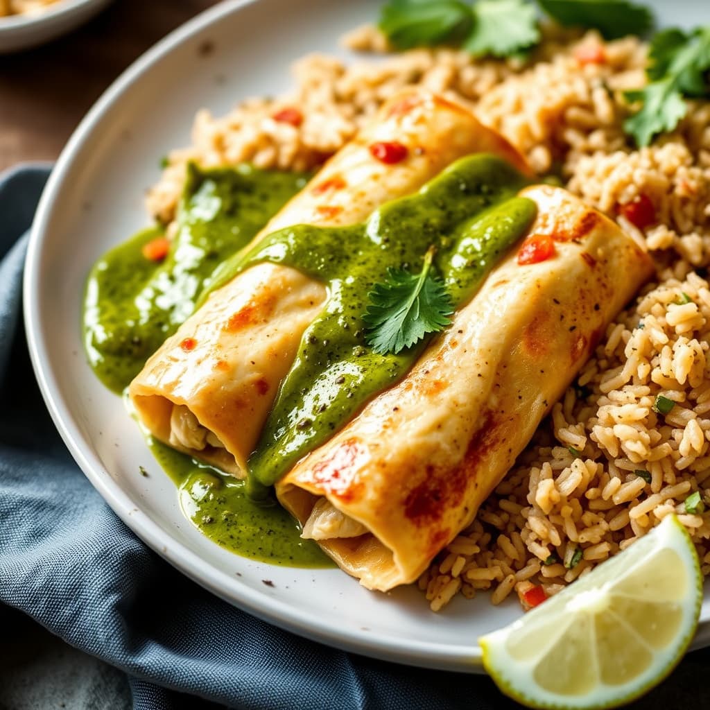 Kyllingenchiladas med grønn saus og langkornet ris