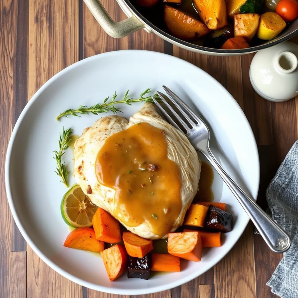 Kyllingfilet med ovnsbakte rotgrønnsaker og saus fra pannen