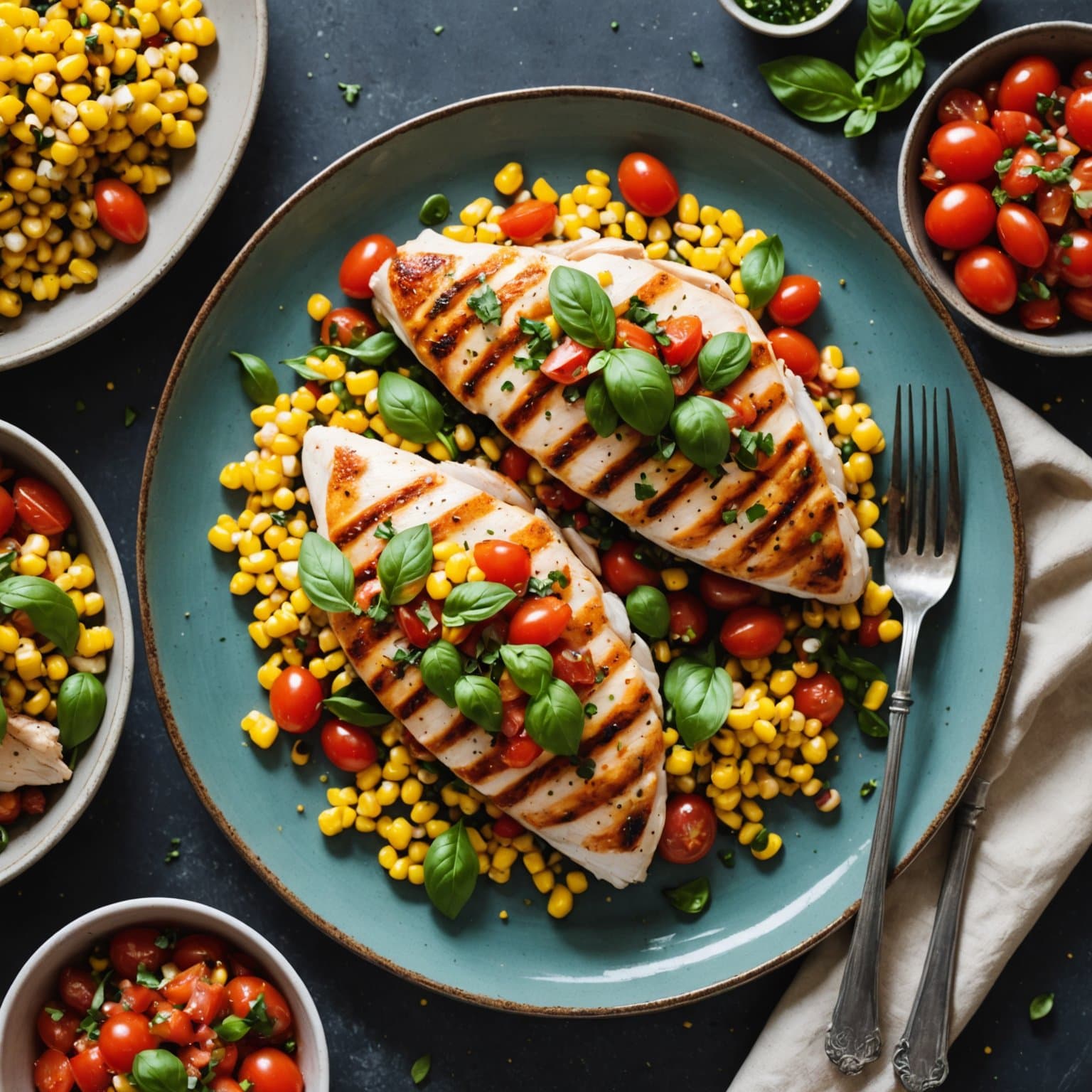 Kyllingfilet med tomat-, basilikum- og ristet mais-relish