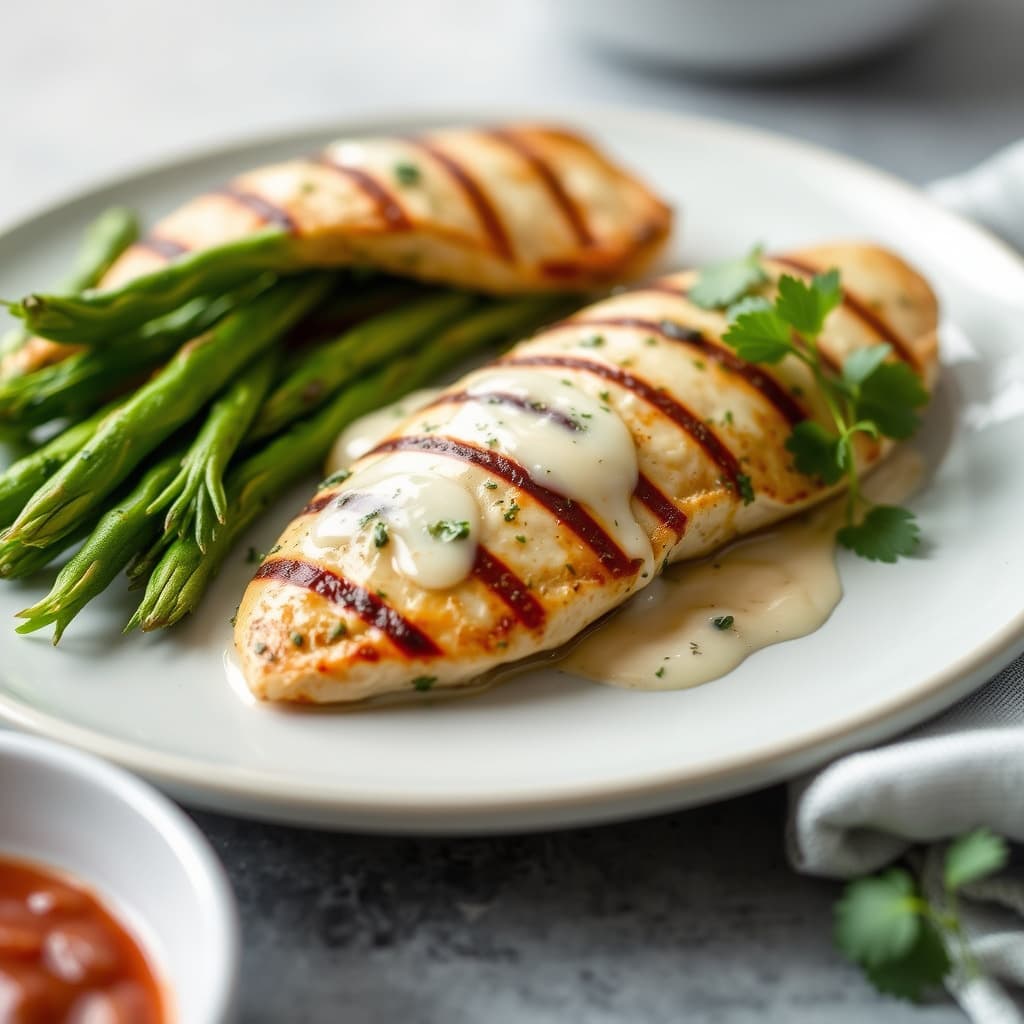 Kyllingfileter marinert i urter og grillet, servert med stekepansesaus