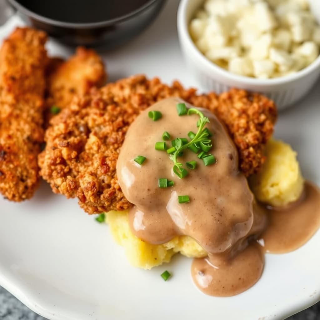 Kyllingfritert biff med knuste Yukon Gold-poteter og soy-vidalia-saus