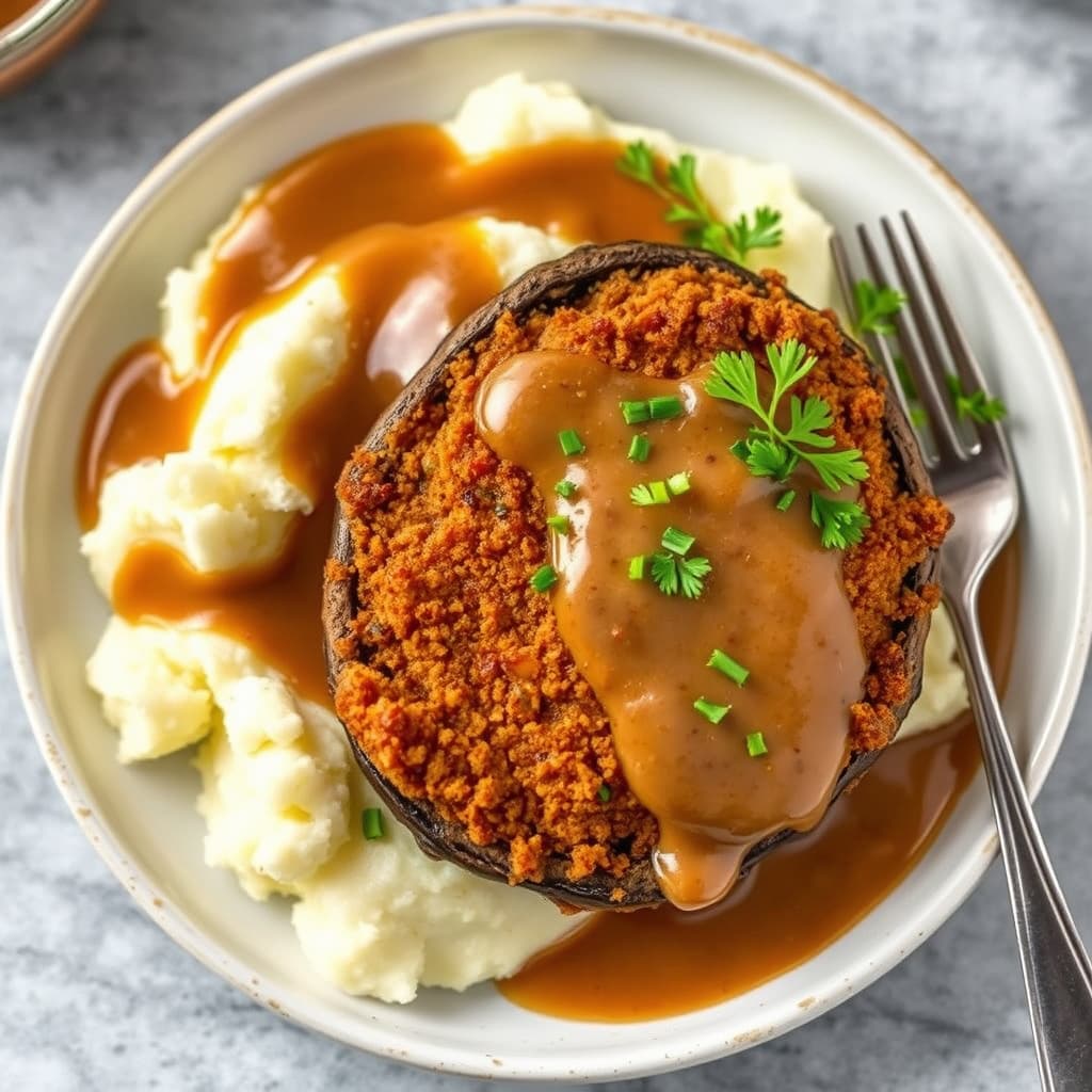 Kyllingfriterte portobelloburgere med potetmos og saus