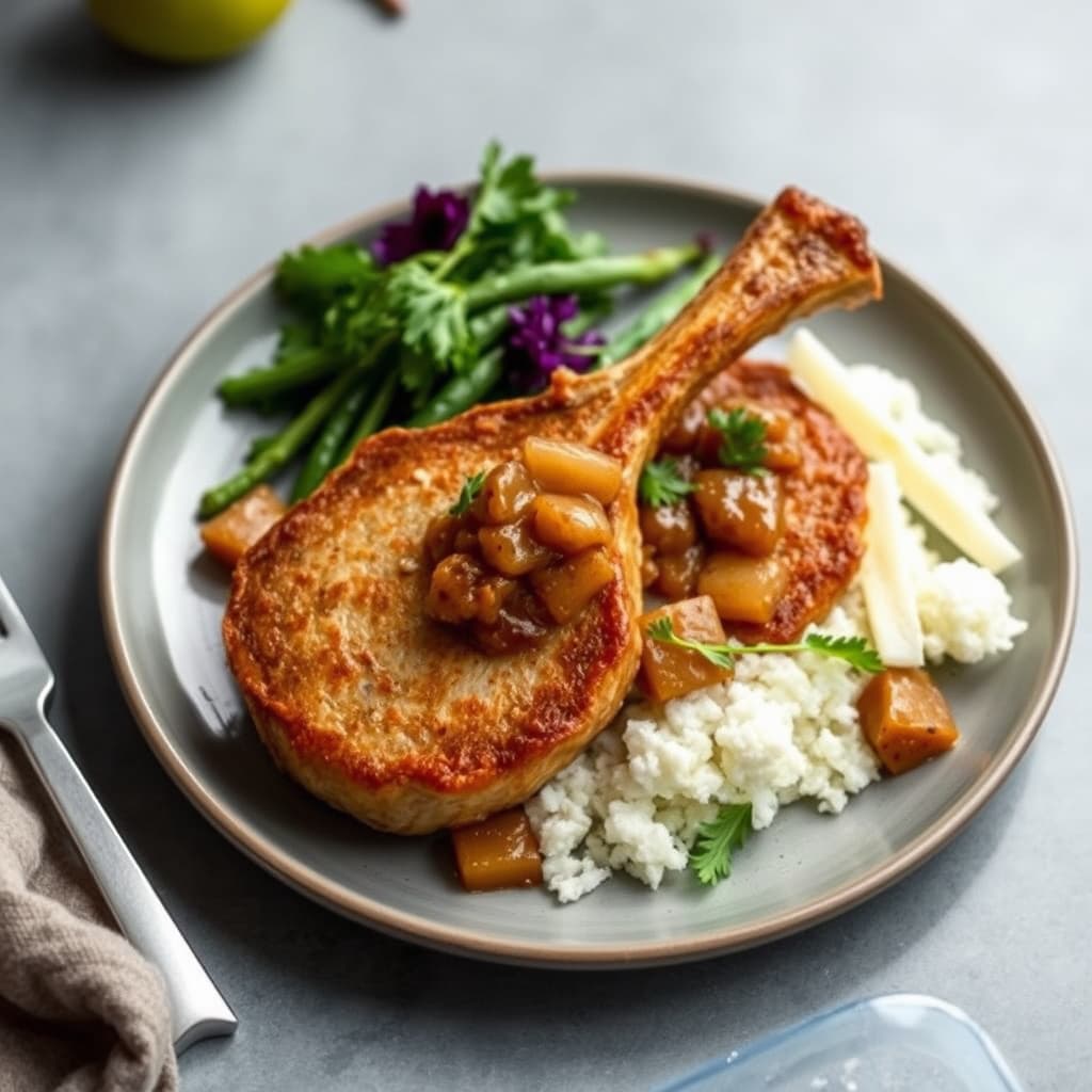Kyllingfriterte svinekoteletter med grovkuttet pæresalsa