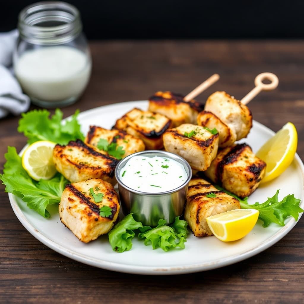 Kyllingkebab med gresk yoghurtpesto-dippsaus