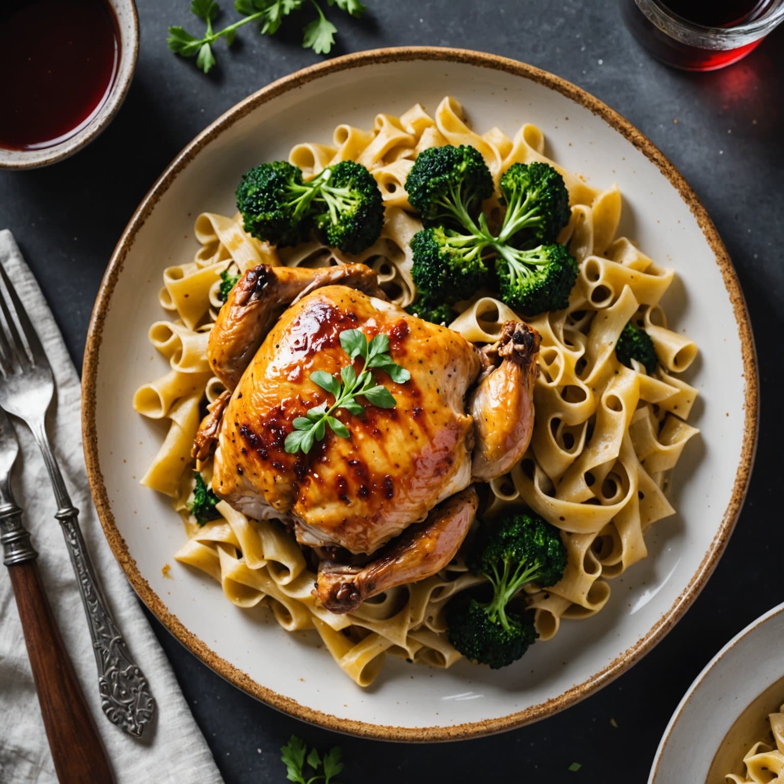 Kyllinglår fylt og braisert i Chianti, servert med eggnudler