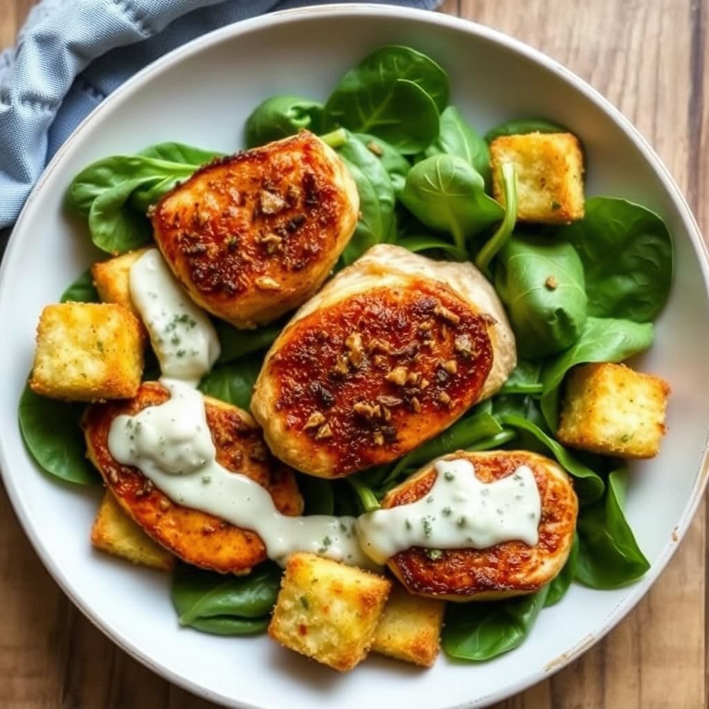 Kyllinglever på spinatsalat med gorgonzoladressing og polentacroutoner
