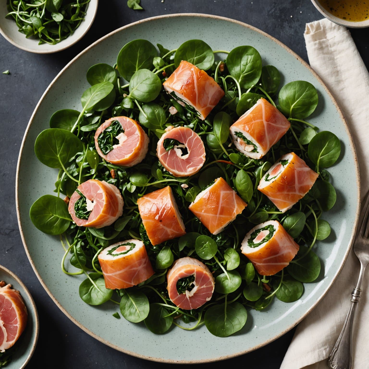 Kyllingroulader fylt med collard og prosciutto, servert med vannkresse-salat
