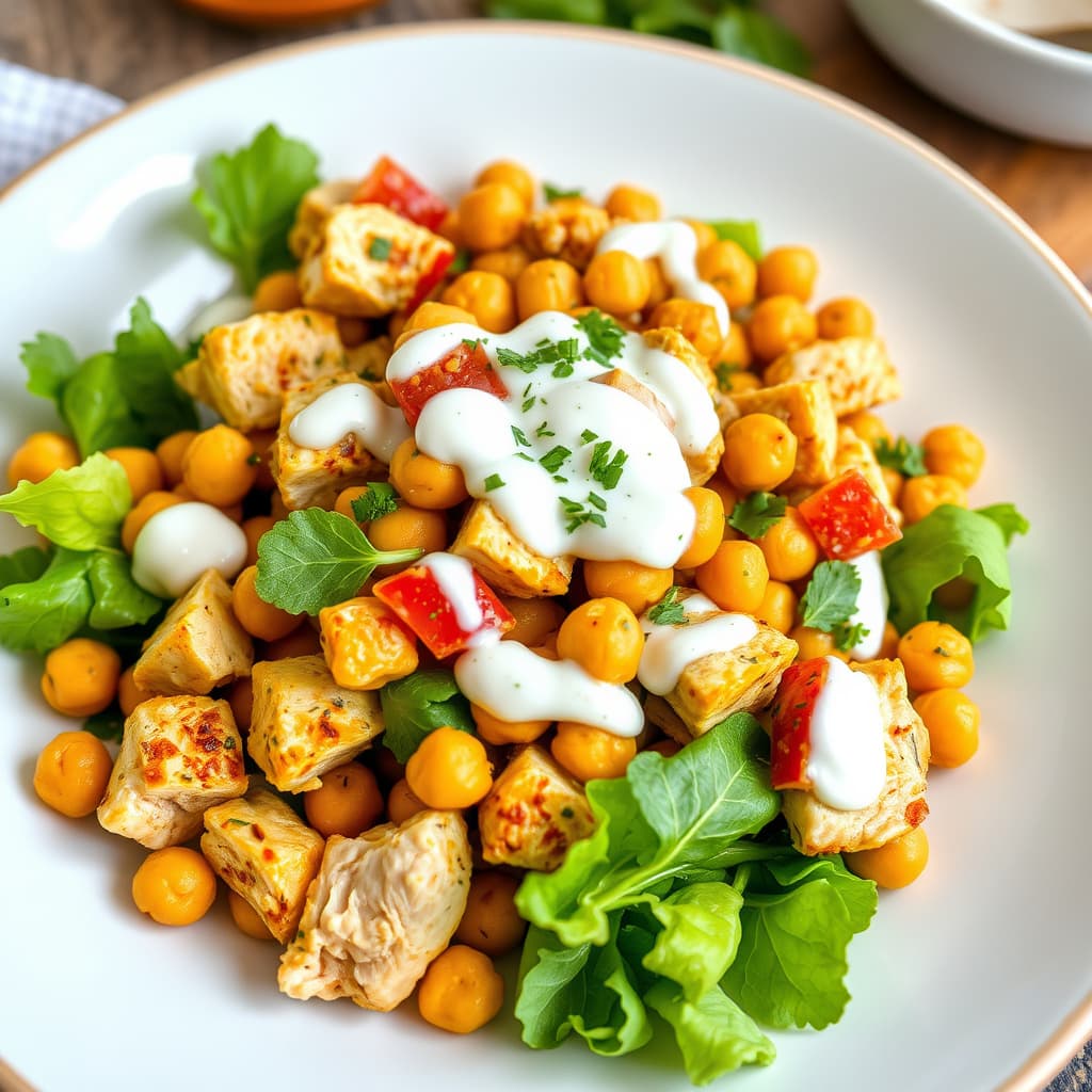 Kyllingsalat med karri, krydrede kikerter og raita