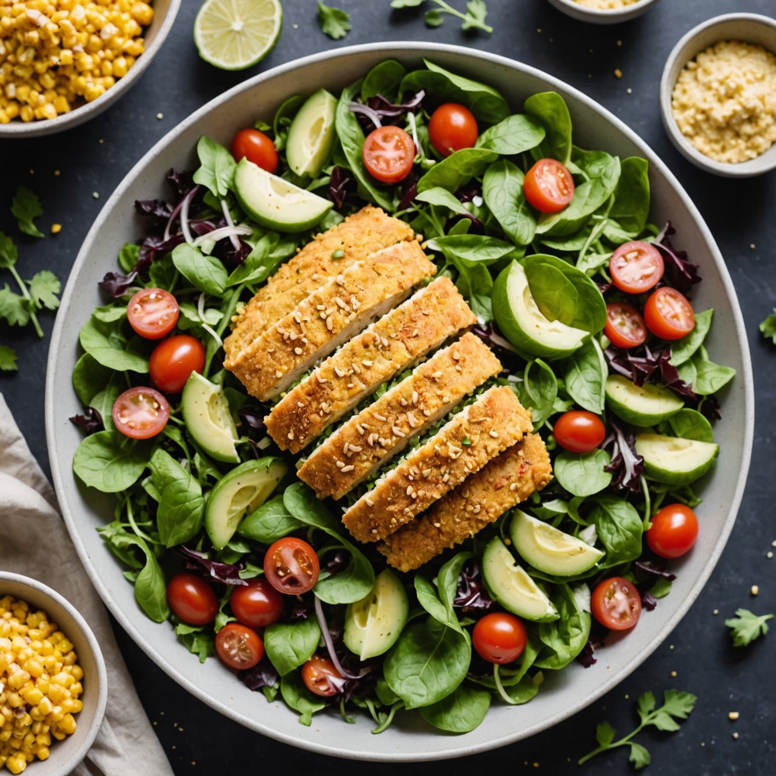 Kyllingsalat med maisgrynsmel og sprø skorpe