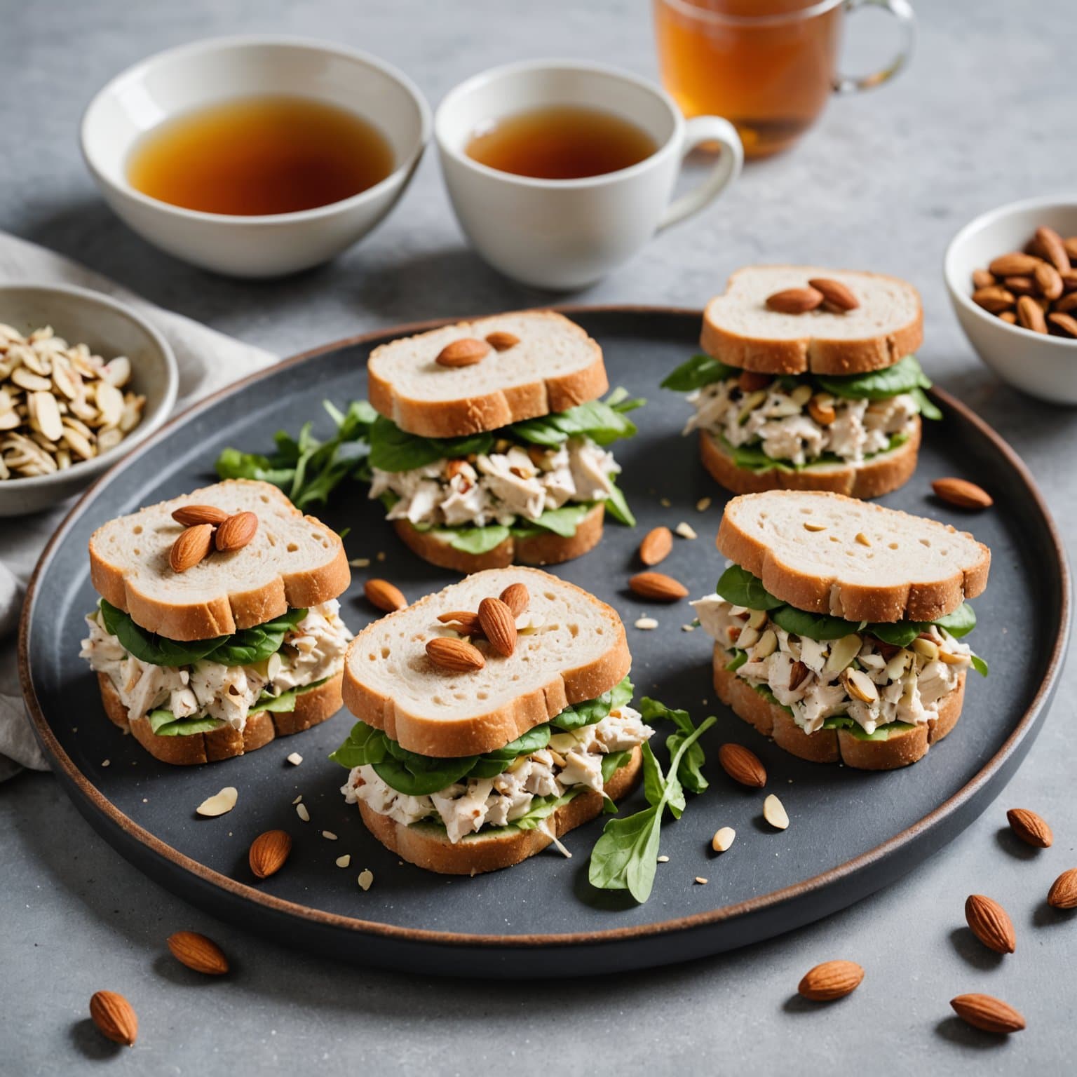 Kyllingsalat-teesmørbrød med røkte mandler