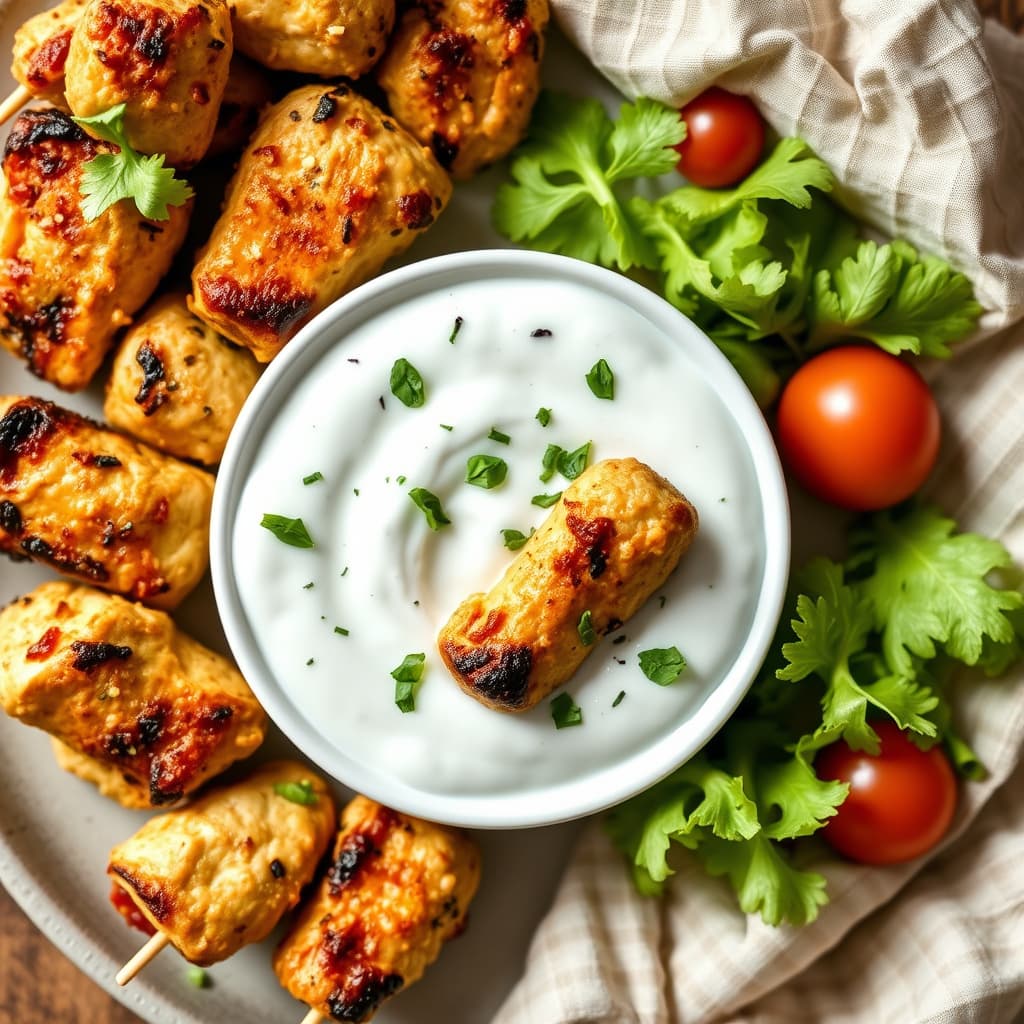 Kyllingsouvlaki-spyd med yoghurtdippsaus