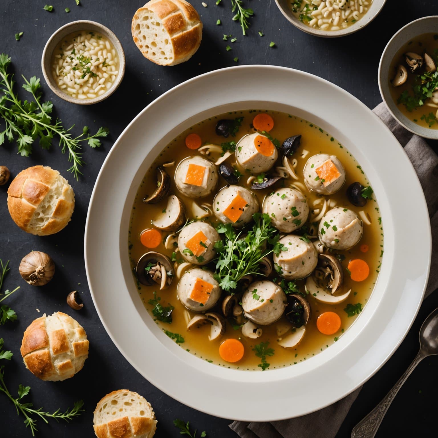 Kyllingsuppe med ville sopp og urterik matzaball