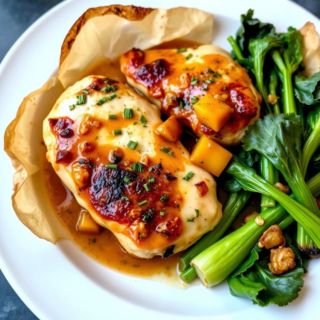 Kyllingsuprem i pergament med ovnsbakt squashsaus og babybok choy