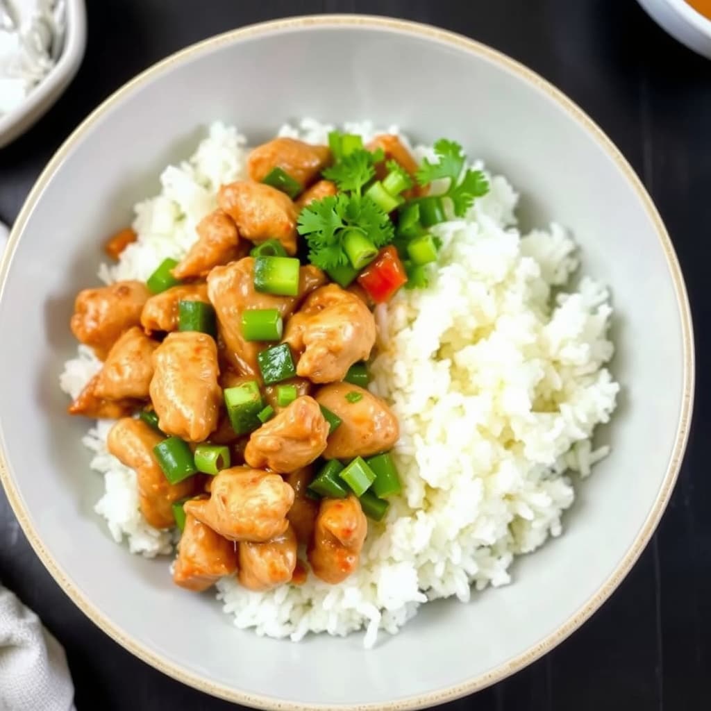 Kyllingwok med peanøttsaus over ris