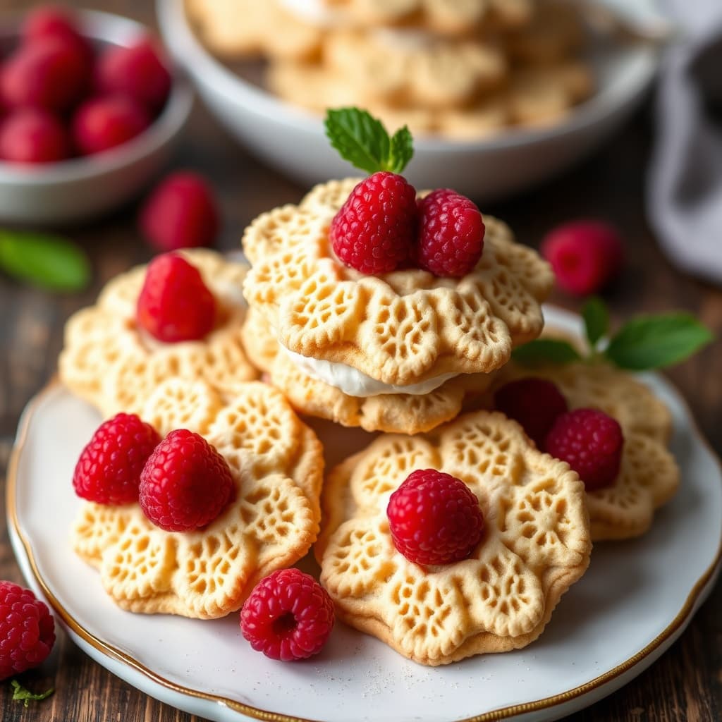 Lace-kjeks med appelsin-mascarponefyll og bringebær