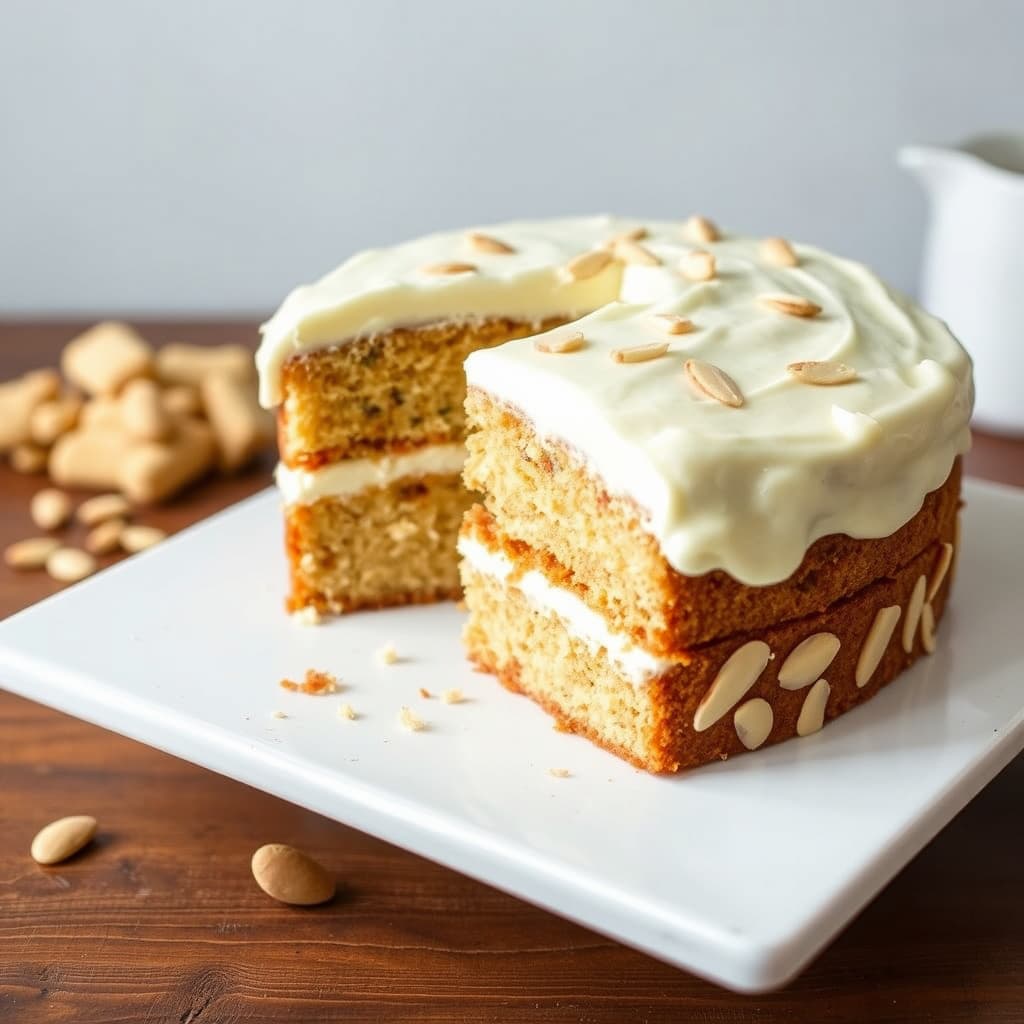 Lag på lag med mandelkake og hvit sjokoladeglasur