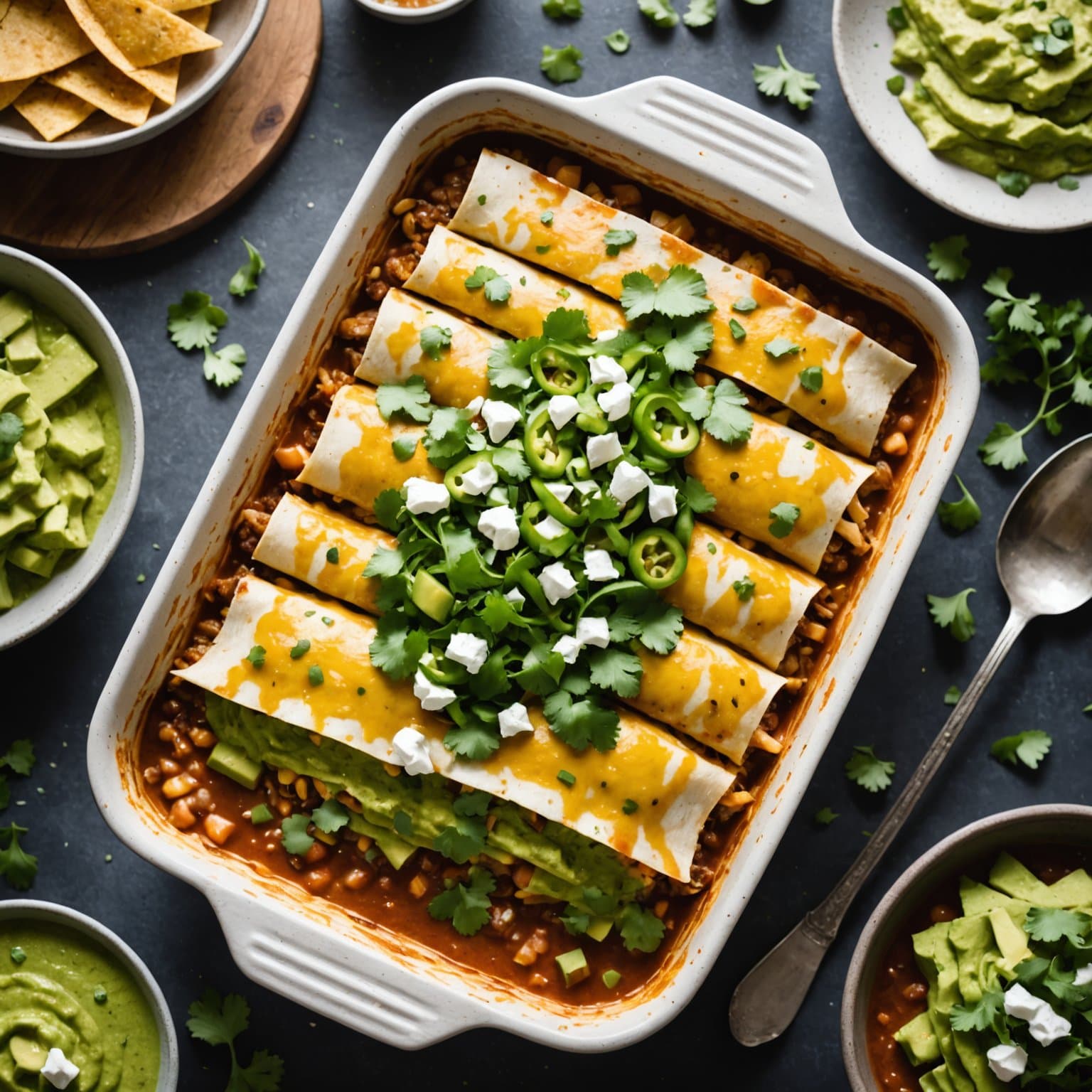 Lagdelte kyllingenchiladas med tomatillo- og koriandersaus