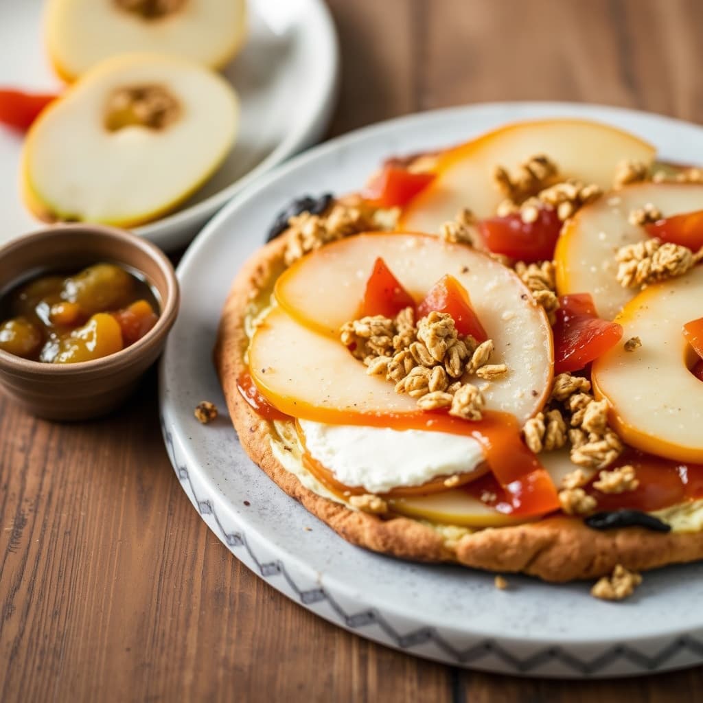 Lagvis pærepizza med ricotta, aprikosmarmelade og granola