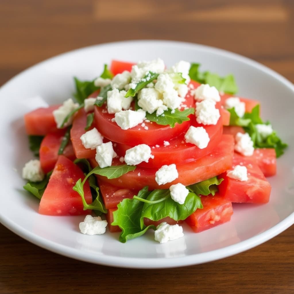 Lagvis vannmelon-, tomat- og blandet grønn salat med fetaost