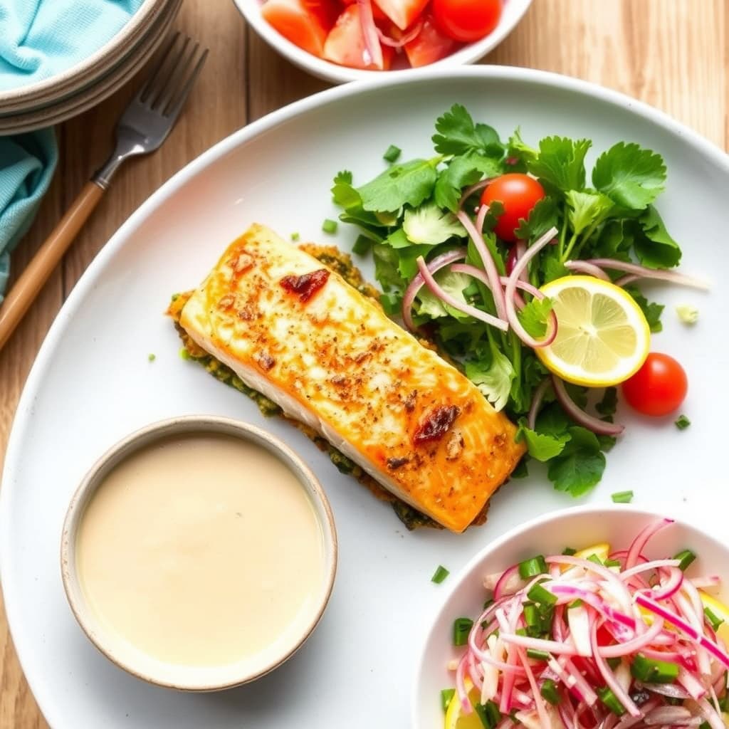 Laks i sjøgrønnsakscrust med sitron-dippsaus og jicamasalat