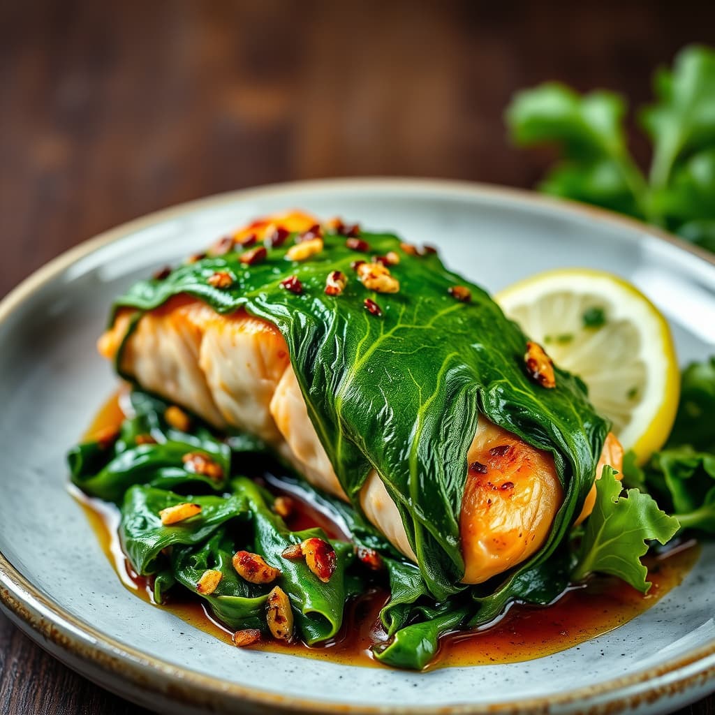 Laks innpakket i collard-gresskarblader