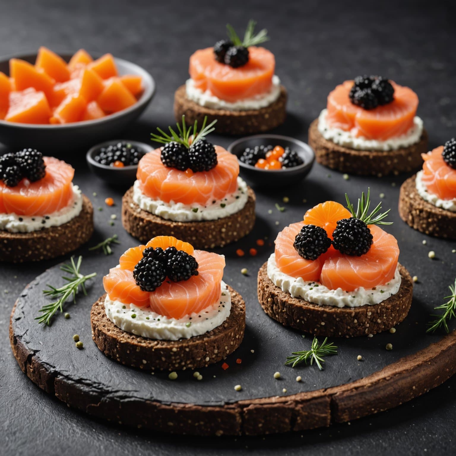 Laks, kremost og kaviar på pumpernickel-rundstykker