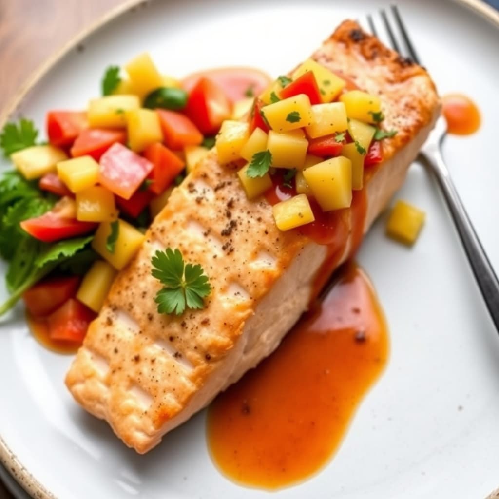 Laks med ananas-salsa og krydret chilisaus