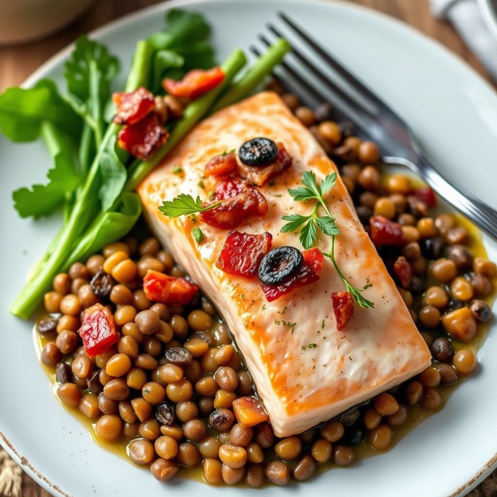 Laks med bacon og linser