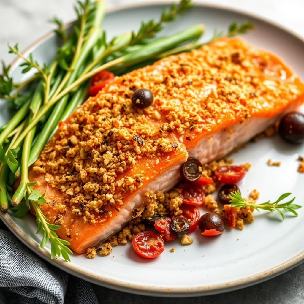 Laks med brødsmuler, oliven og soltørket tomat-kruste