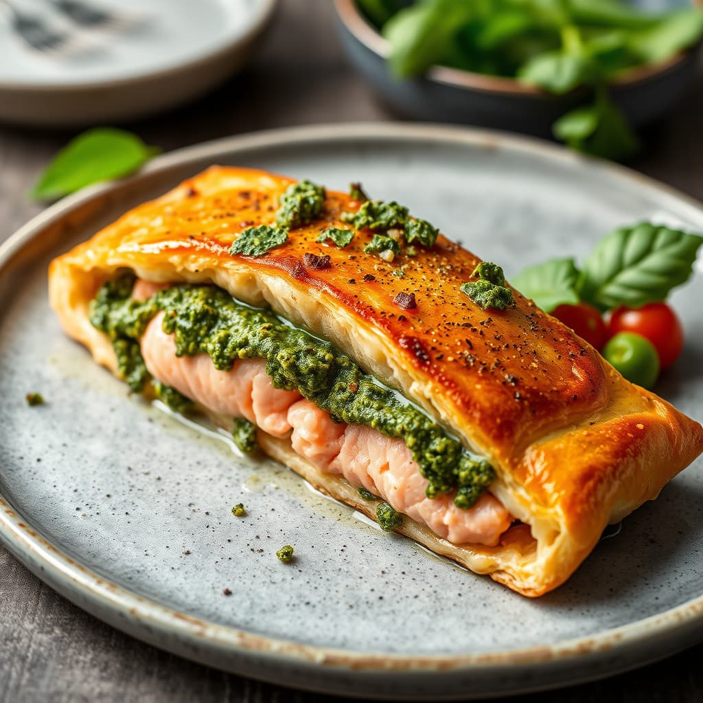 Laks med butterdeig og pesto