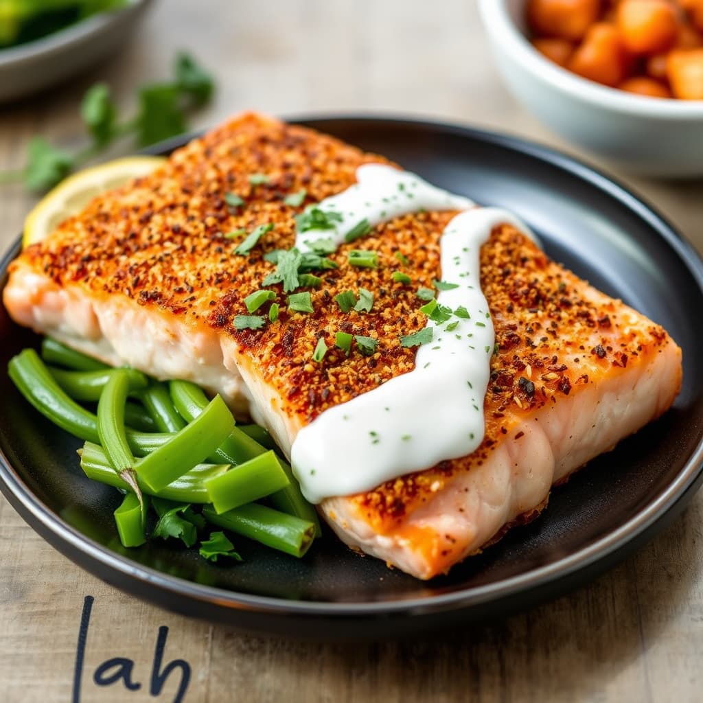 Laks med krydret skorpe av krydder og ingefær-koriander-yoghurtsaus