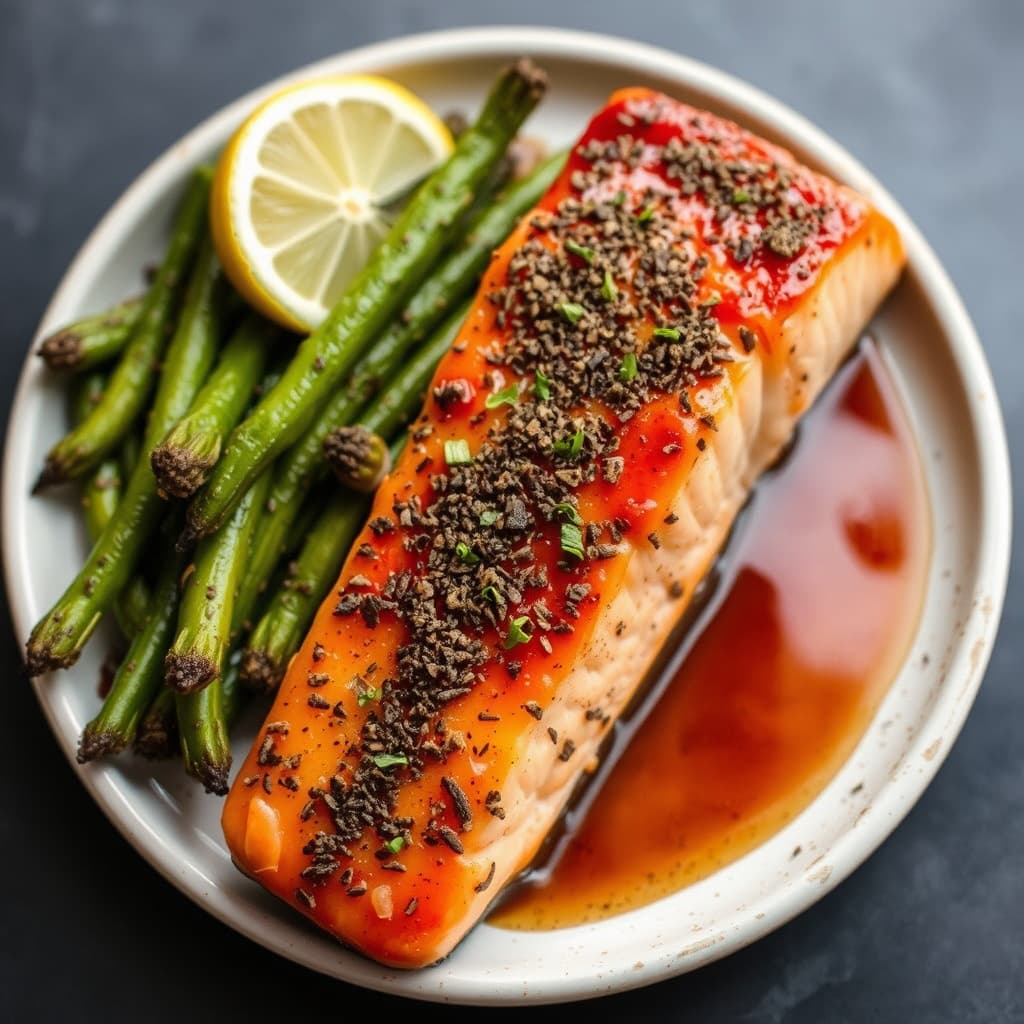 Laks med pepperkryddret skorpe og lønnesirupsglaze