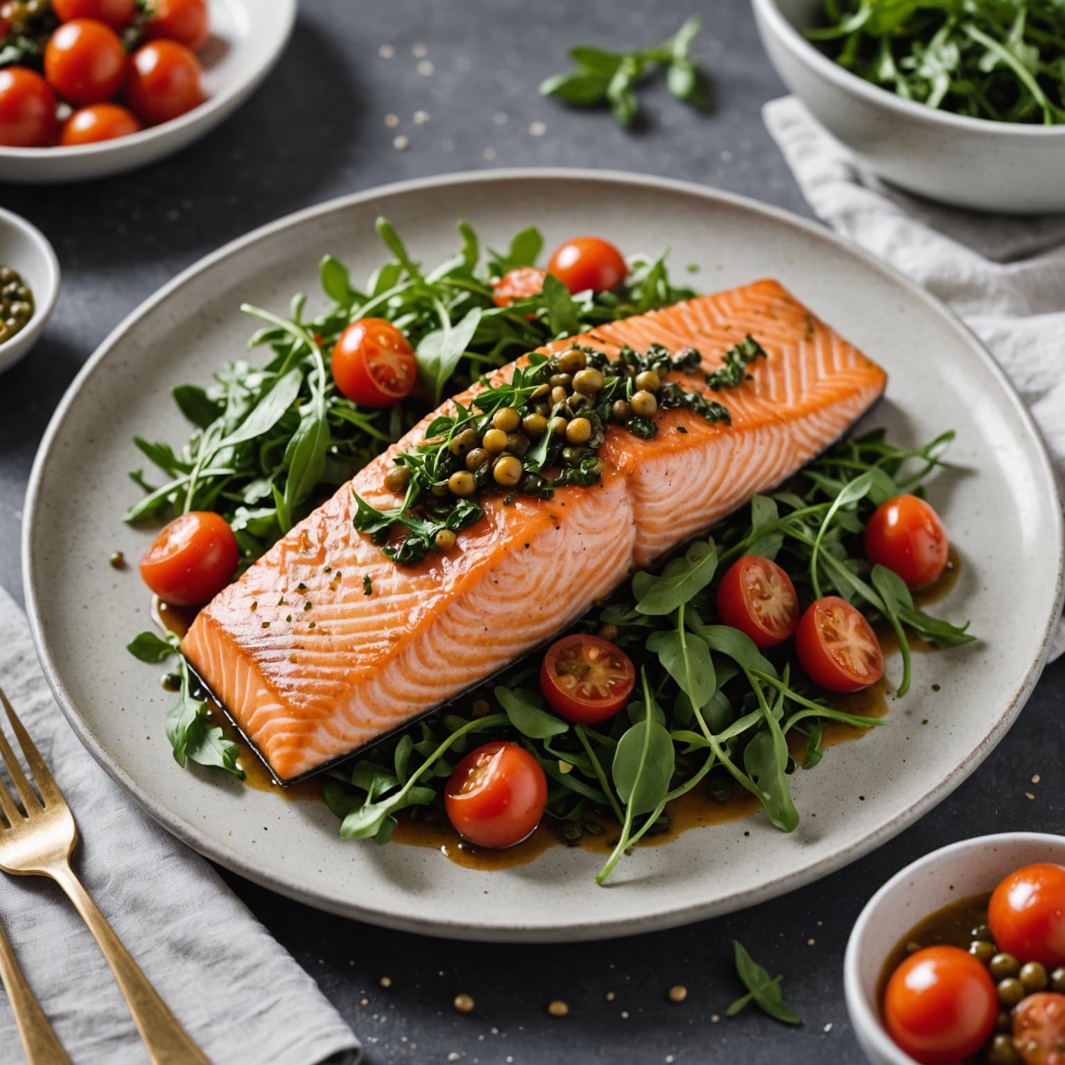 Laks med ruccolasalat, tomat og kaperssaus