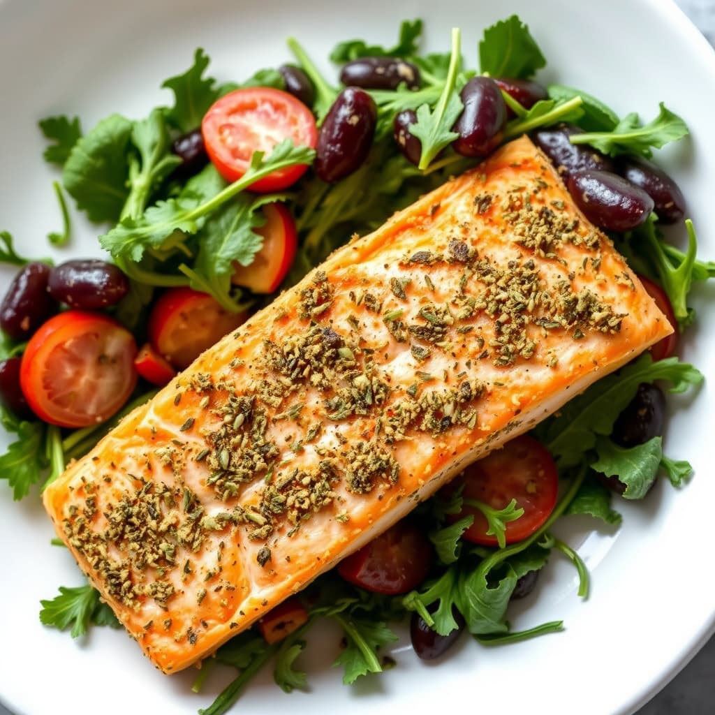 Laks med urteskorpe på grønne blader