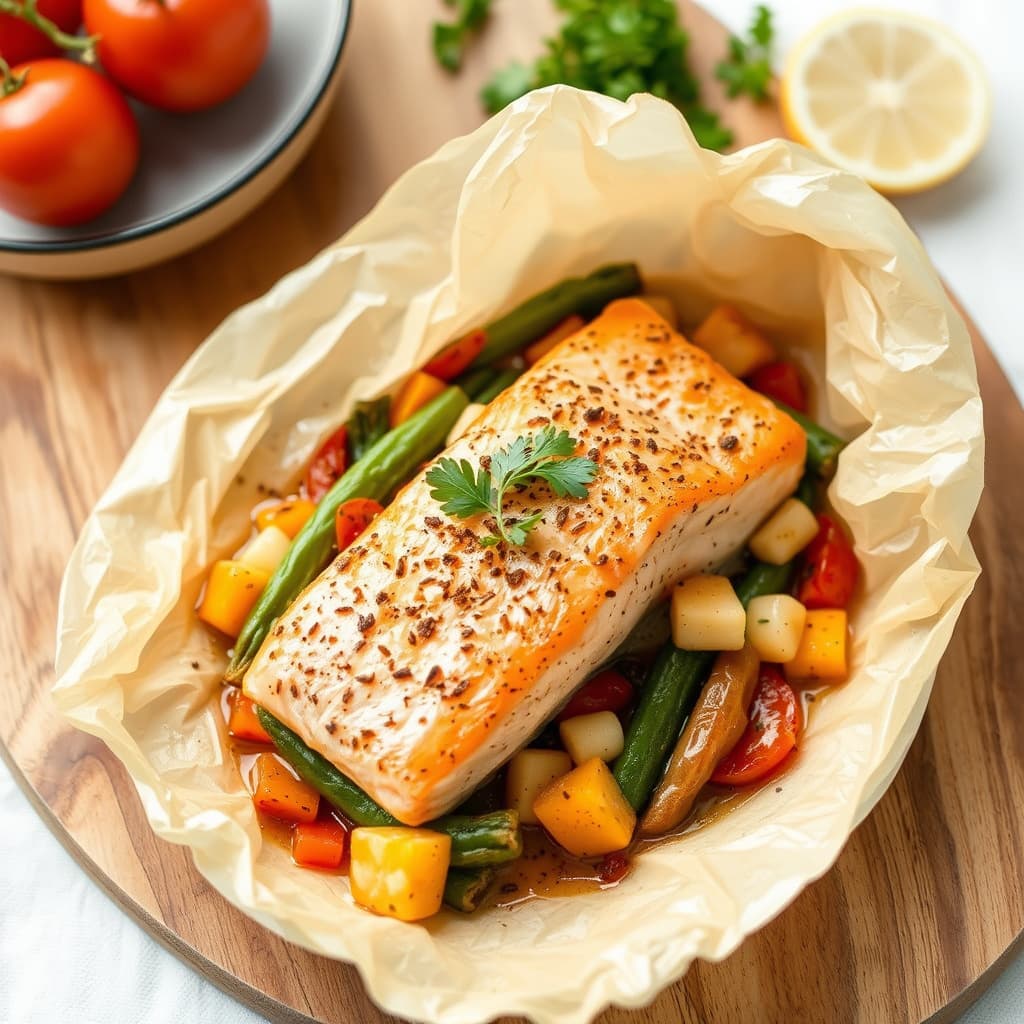 Laks og grønnsaker en papillote