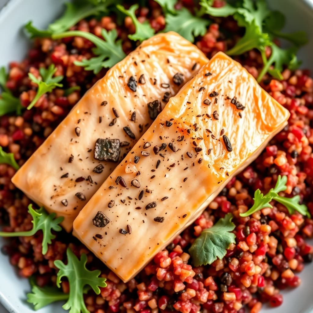 Laks, rød quinoa og ruccolasalat